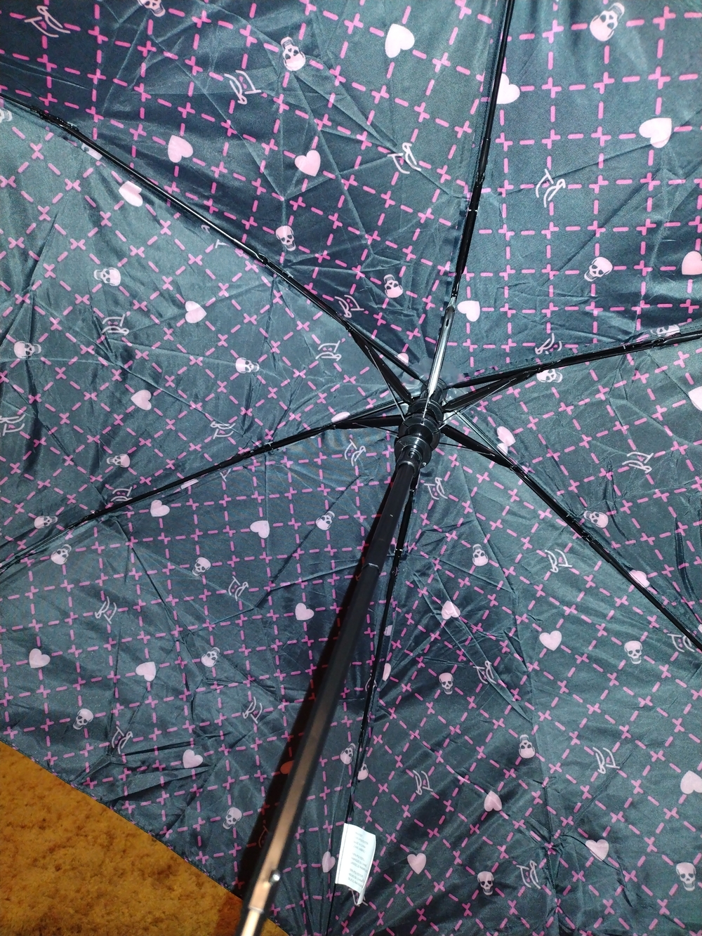 Betsey Johnson Black Umbrella with Pink Heart & Skull Pattern